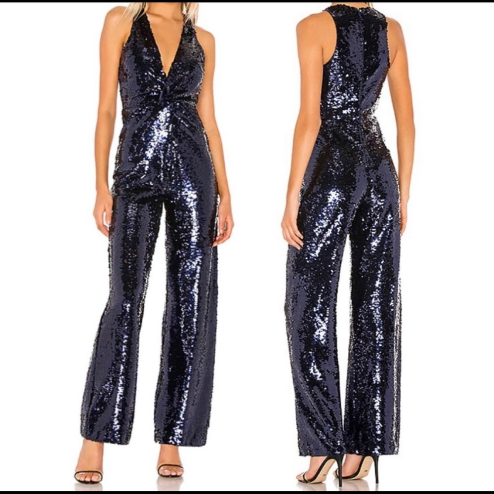 Lovers + Friends Trish Jumpsuit Sapphire Blue Sequin Sleeveless Size XS.